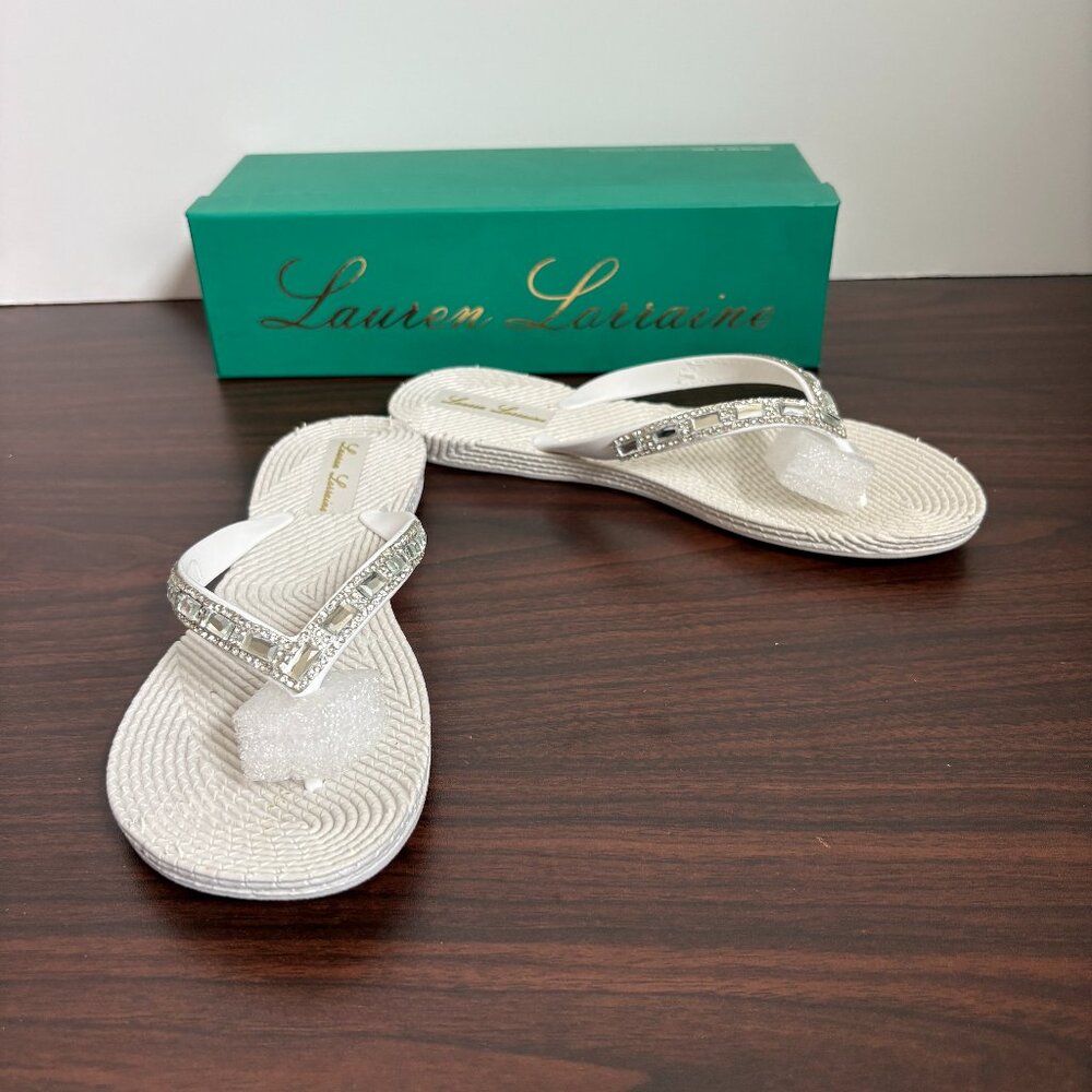 Lauren Lorraine Rhinestone Gigi White Flip Flop Sandals Flats Glam Resort 6